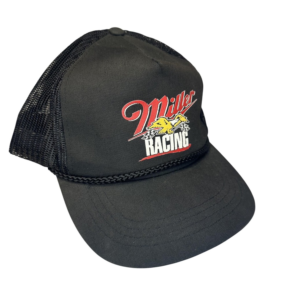Miller Racing Hat Cap Snap Back One Size Black Mesh Trucker Rope‎ Mens Beer
